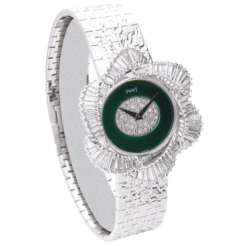 18ct white gold Piaget ref. 9802 bracelet watch with enamel & pavé diamond dial. Made 1977