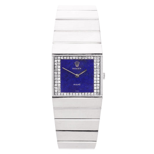 18ct white gold Rolex King Midas bracelet watch with lapis lazuli and diamond set dial. Made 1976