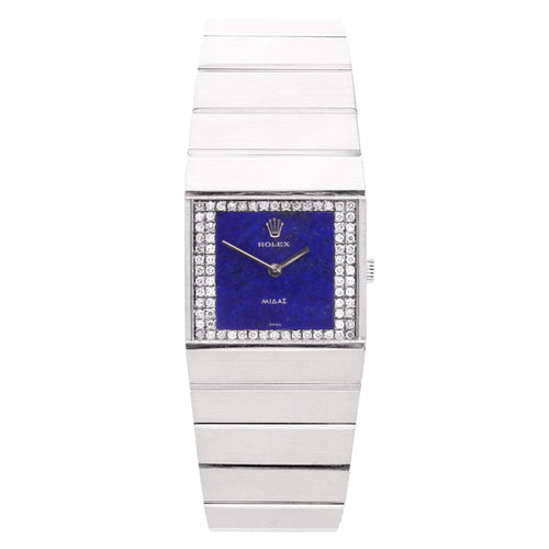 18ct white gold Rolex King Midas bracelet watch with lapis lazuli and diamond set dial. Made 1976