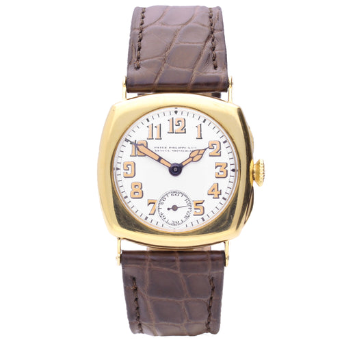 18ct yellow gold Patek Philippe Cushion case wristwatch with enamel dial. Made 1925