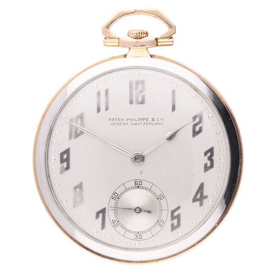 18ct white & rose gold Patek Philippe open faced pocketwatch. Made 1929