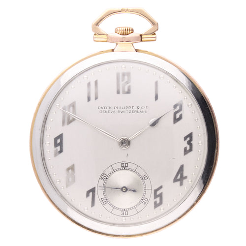 18ct white & rose gold Patek Philippe open faced pocketwatch. Made 1929