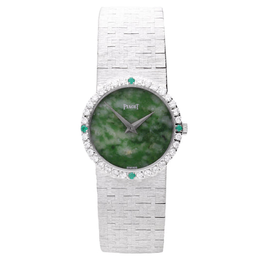 18ct white gold Piaget ref. 9706 Bracelet watch with jade dial and diamond set bezel. Made 1970