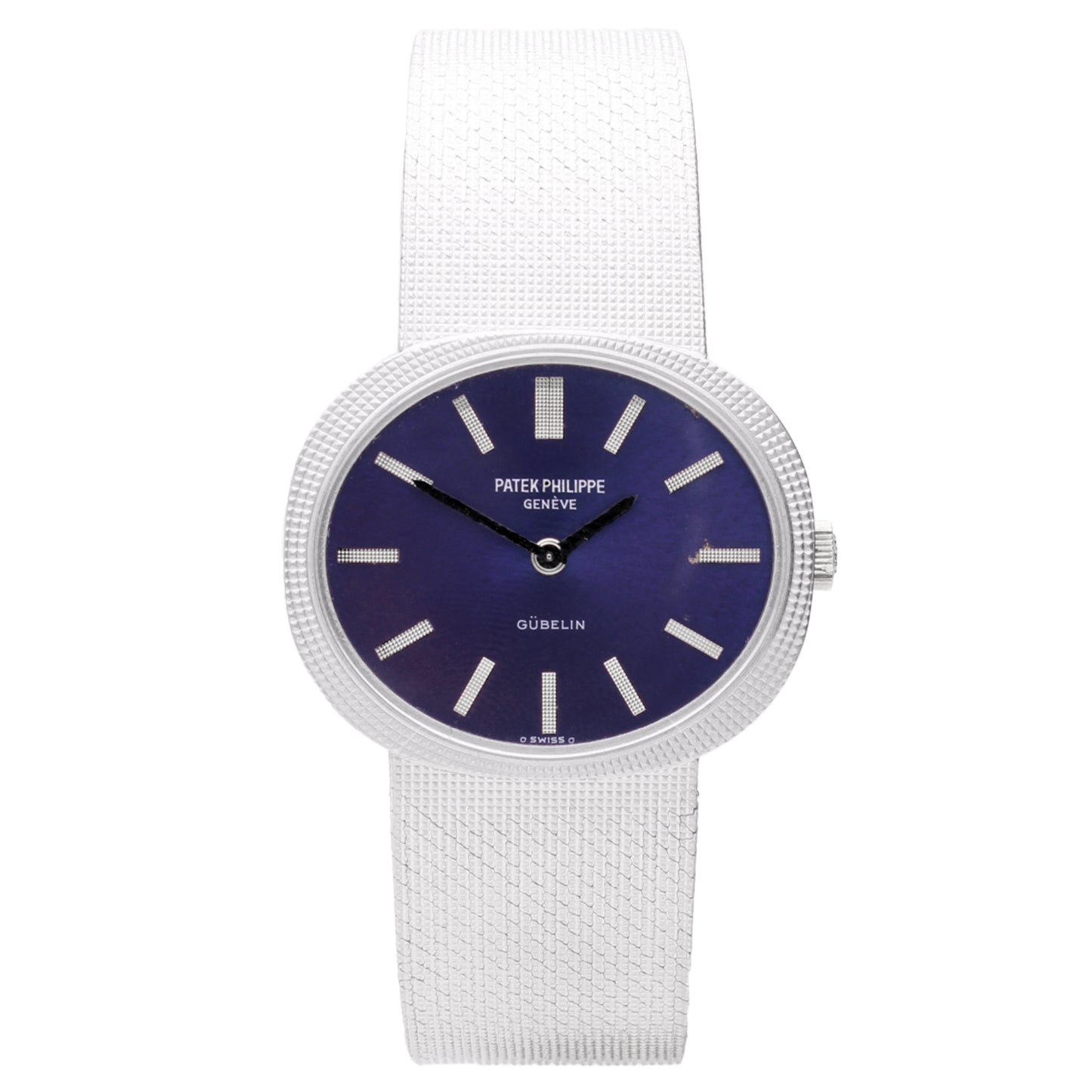 18ct white gold Patek Philippe ref. 3581/1 Ellipse bracelet watch with cobalt blue dial, retailed by Gübelin. Made 1972