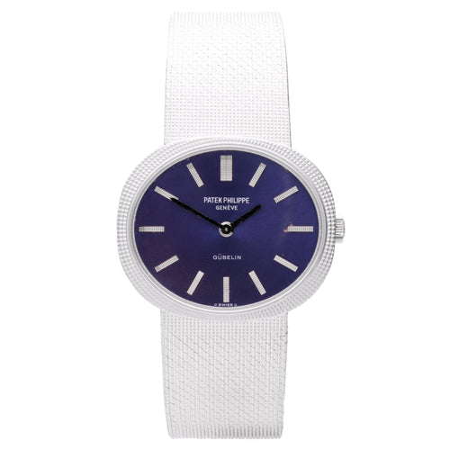 18ct white gold Patek Philippe ref. 3581/1 Ellipse bracelet watch with cobalt blue dial, retailed by Gübelin. Made 1972