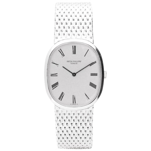 18ct white gold Patek Philippe ref. 3748/1 Ellipse bracelet watch with silvered dial and Roman numeral hour markers.