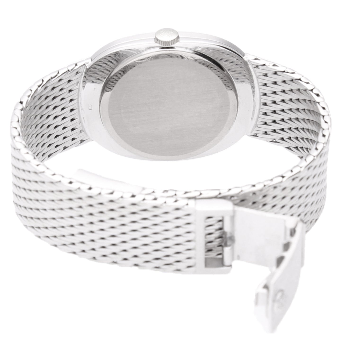 18ct white gold Patek Philippe ref. 3748/1 Ellipse bracelet watch with silvered dial and Roman numeral hour markers.