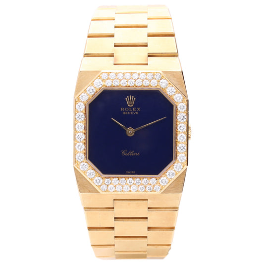 18ct yellow gold Rolex ref. 4651 Cellini bracelet watch with cobalt blue dial and diamond set bezel.