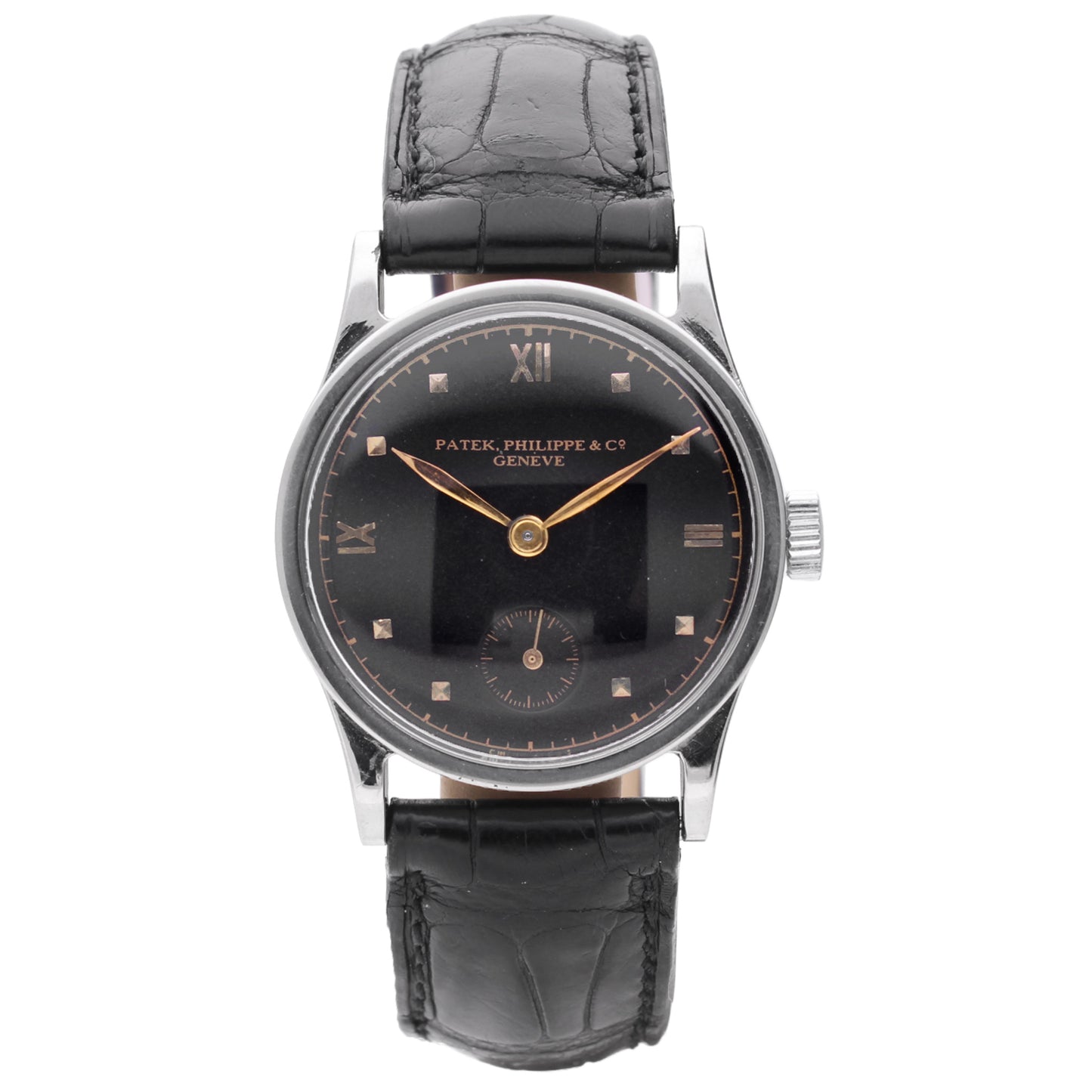 Stainless steel Patek Philippe ref. 96 Calatrava with black dial.