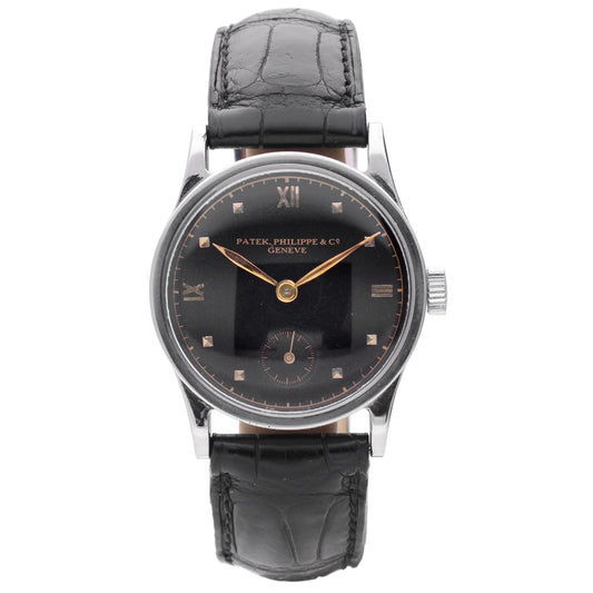 Stainless steel Patek Philippe ref. 96 Calatrava with black dial.