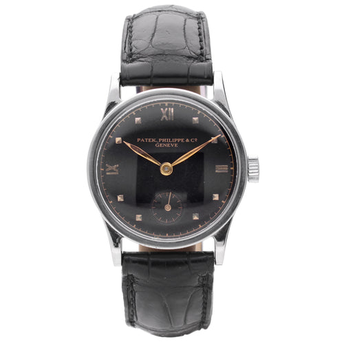 Stainless steel Patek Philippe ref. 96 Calatrava with black dial.