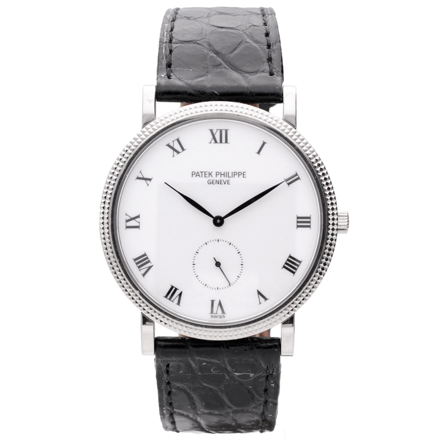 18ct white gold Patek Philippe ref. 3919 Calatrava wristwatch with white enamel dial and hobnail bezel.