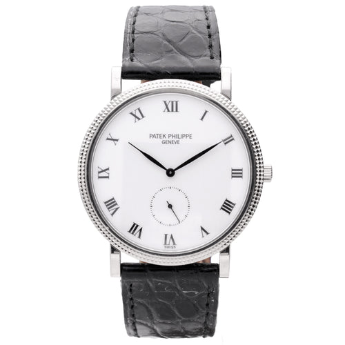 18ct white gold Patek Philippe ref. 3919 Calatrava wristwatch with white enamel dial and hobnail bezel.