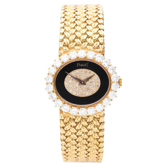 18ct yellow gold Piaget ref. 9330 Onyx dial and dimond set bezel bracelet watch. Made 1970
