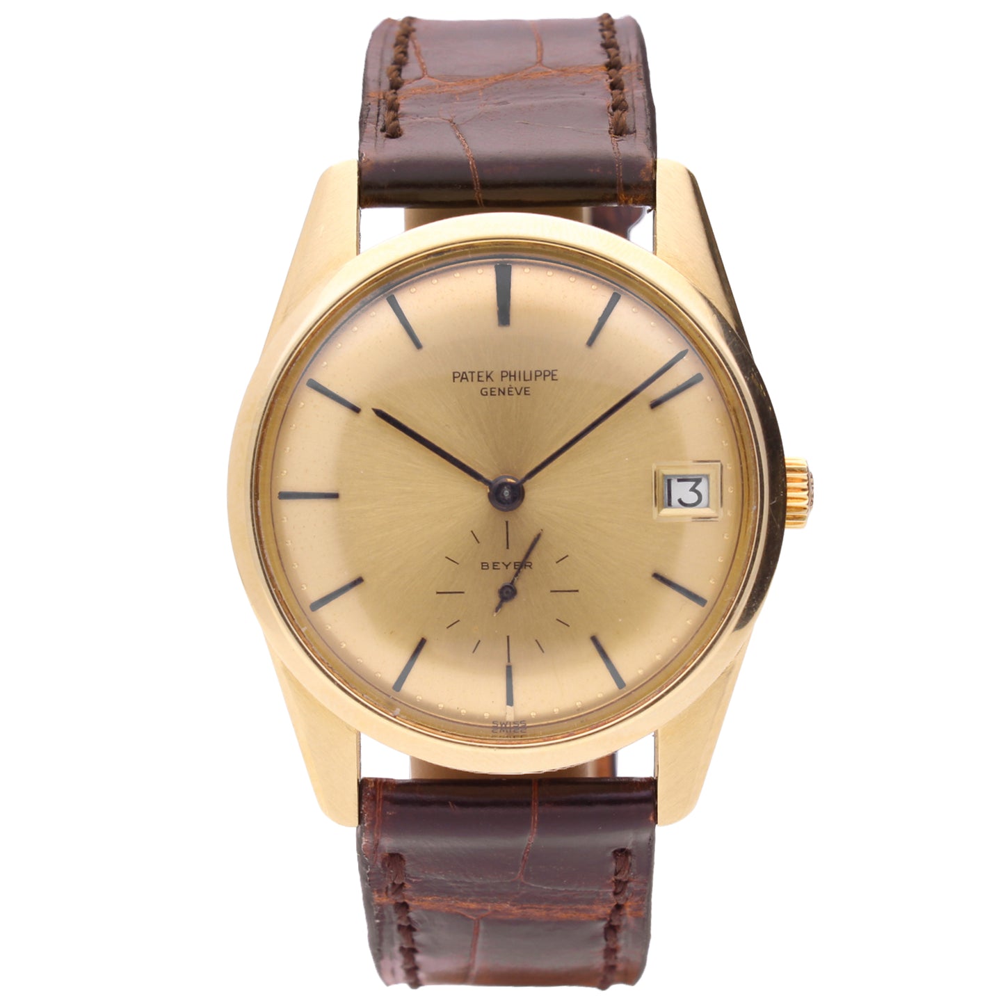 18ct yellow gold Patek Philippe ref. 3558 Calatrava automatic wristwatch, retailed by BEYER. Made 1968