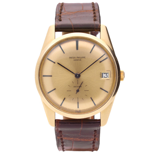 18ct yellow gold Patek Philippe ref. 3558 Calatrava automatic wristwatch, retailed by BEYER. Made 1968