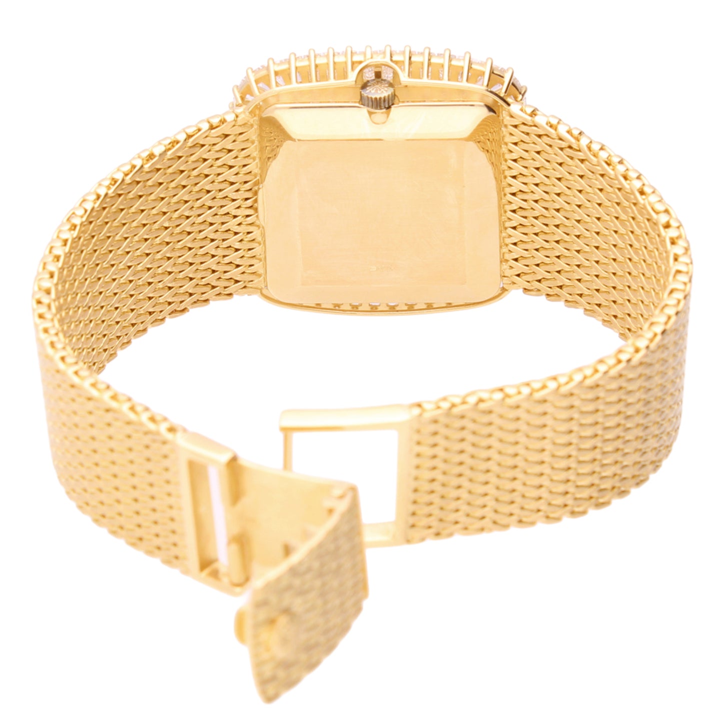 18ct yellow gold Patek Philippe Bracelet watch with onyx and diamond set dial with baguette diamond set bezel. Made 1981