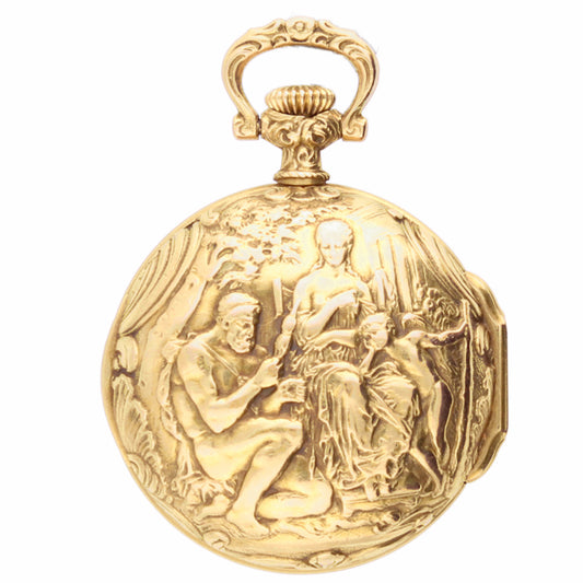18ct yellow gold Patek Philippe Open face pocket watch with scene of "Hercule aux pieds d'Omphale' (Hercules at the feet of Omphale). Made 1899