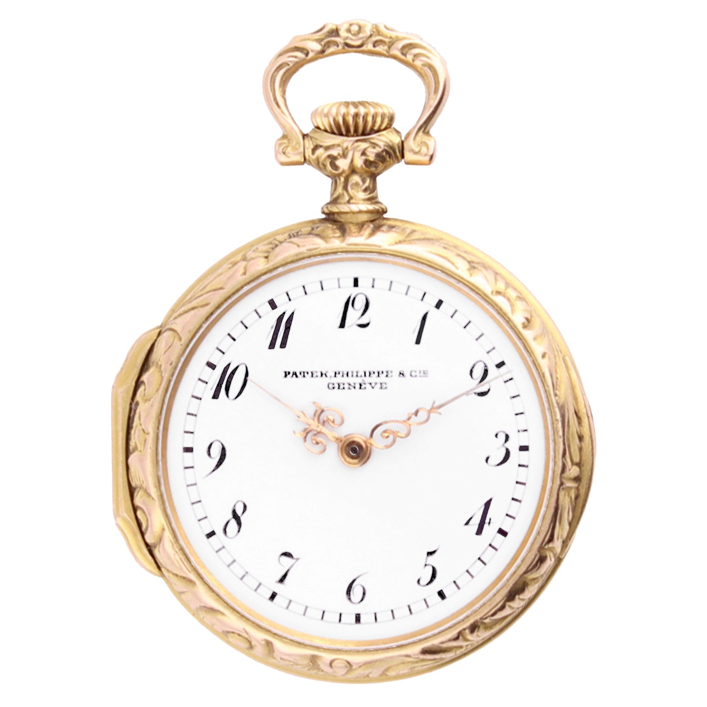 18ct yellow gold Patek Philippe Open face pocket watch with scene of "Hercule aux pieds d'Omphale' (Hercules at the feet of Omphale). Made 1899