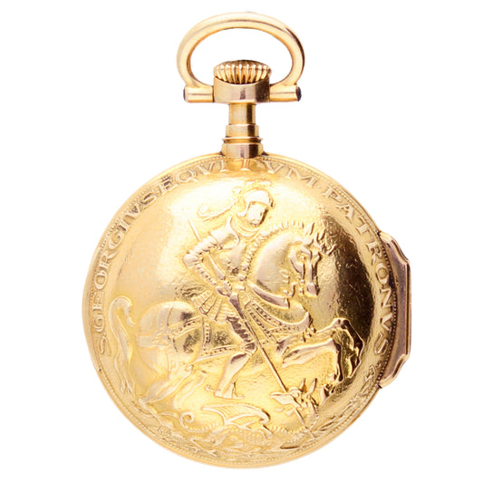 18ct yellow gold Patek Philippe Open face pocket watch with scene of "St.George and the Dragon". Made 1887