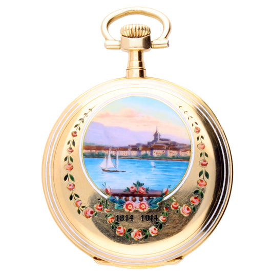 18ct yellow gold Patek Philippe Open face pocket watch with enamel scene on case. Made 1913