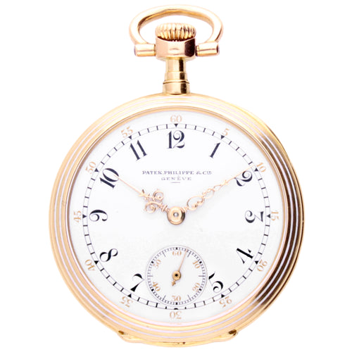 18ct yellow gold Patek Philippe Open face pocket watch with enamel scene on case. Made 1913
