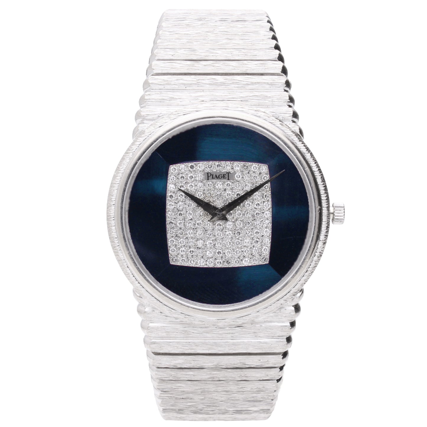 18ct white gold Piaget automatic bracelet watch with hawk eye and pavé diamond set dial. Made 1976