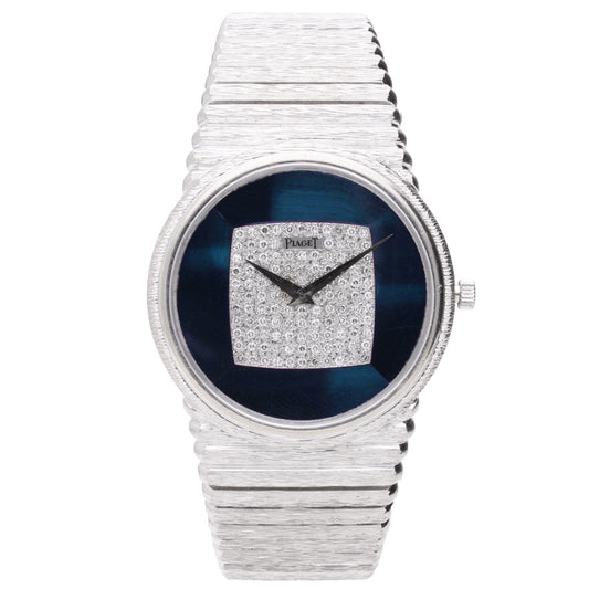 18ct white gold Piaget automatic bracelet watch with hawk eye and pavé diamond set dial. Made 1976
