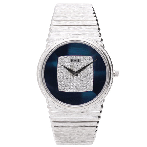 18ct white gold Piaget automatic bracelet watch with hawk eye and pavé diamond set dial. Made 1976