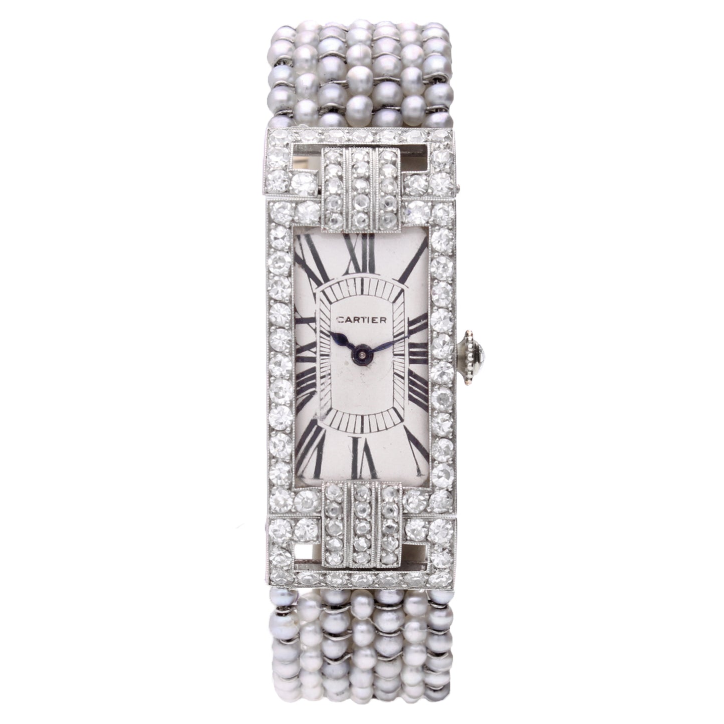 Platinum & 18ct white gold Cartier pearl set bracelet watch. Made 1920