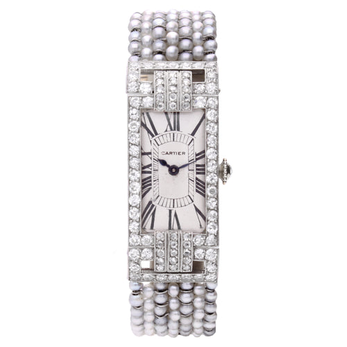 Platinum & 18ct white gold Cartier pearl set bracelet watch. Made 1920