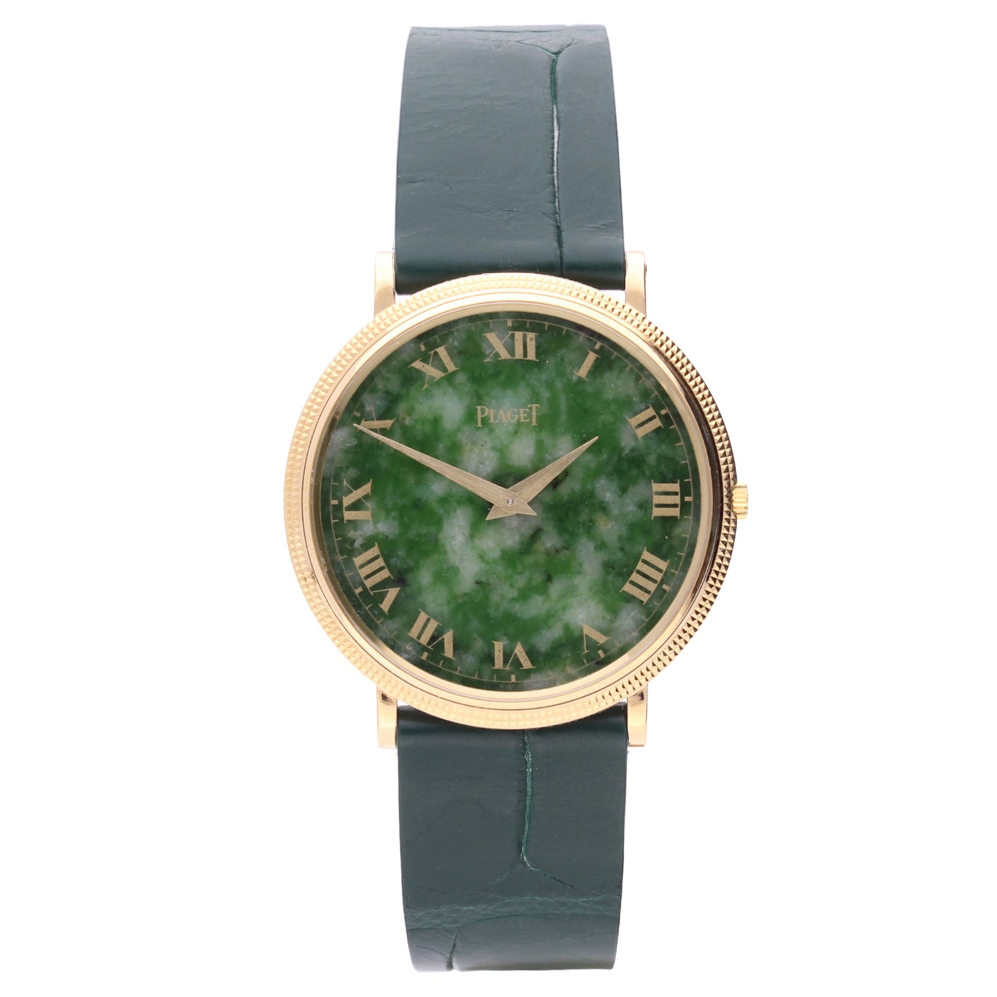 18ct yellow gold Piaget ref. 9021 Altiplano wristwatch with jade dial and coin edge bezel. Made 1970