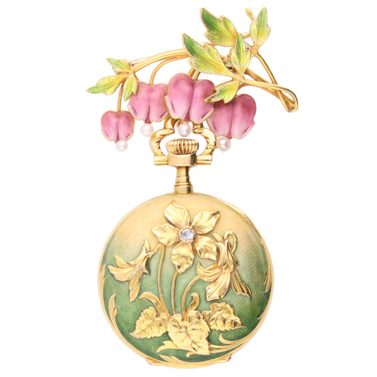 18ct yellow gold pendant watch with chiselled violets on green enamel with a rose cut diamond. Made 1902