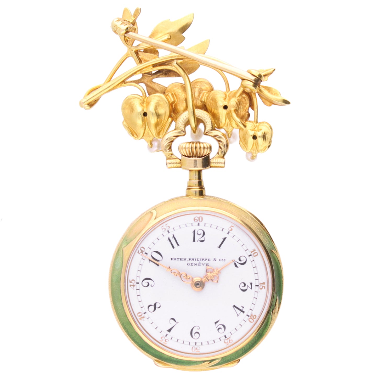 18ct yellow gold pendant watch with chiselled violets on green enamel with a rose cut diamond. Made 1902
