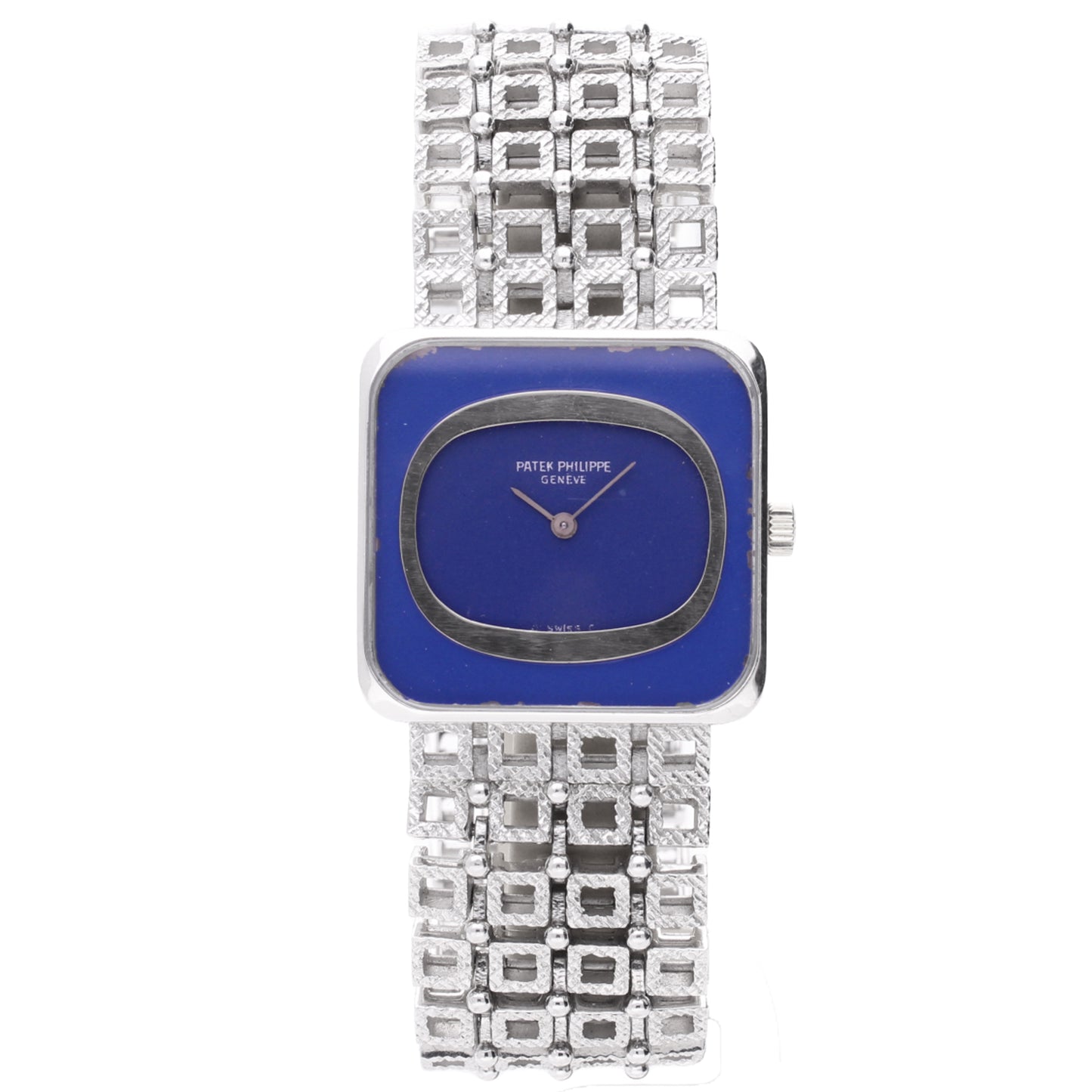 18ct white gold Patek Philippe Cushion case wristwatch with cobalt blue dial and bezel. Made 1974