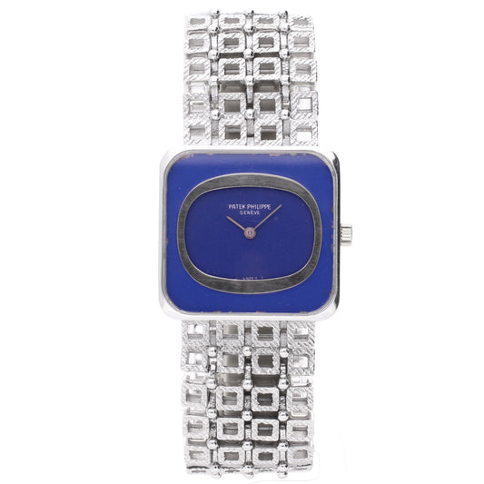 18ct white gold Patek Philippe Cushion case wristwatch with cobalt blue dial and bezel. Made 1974