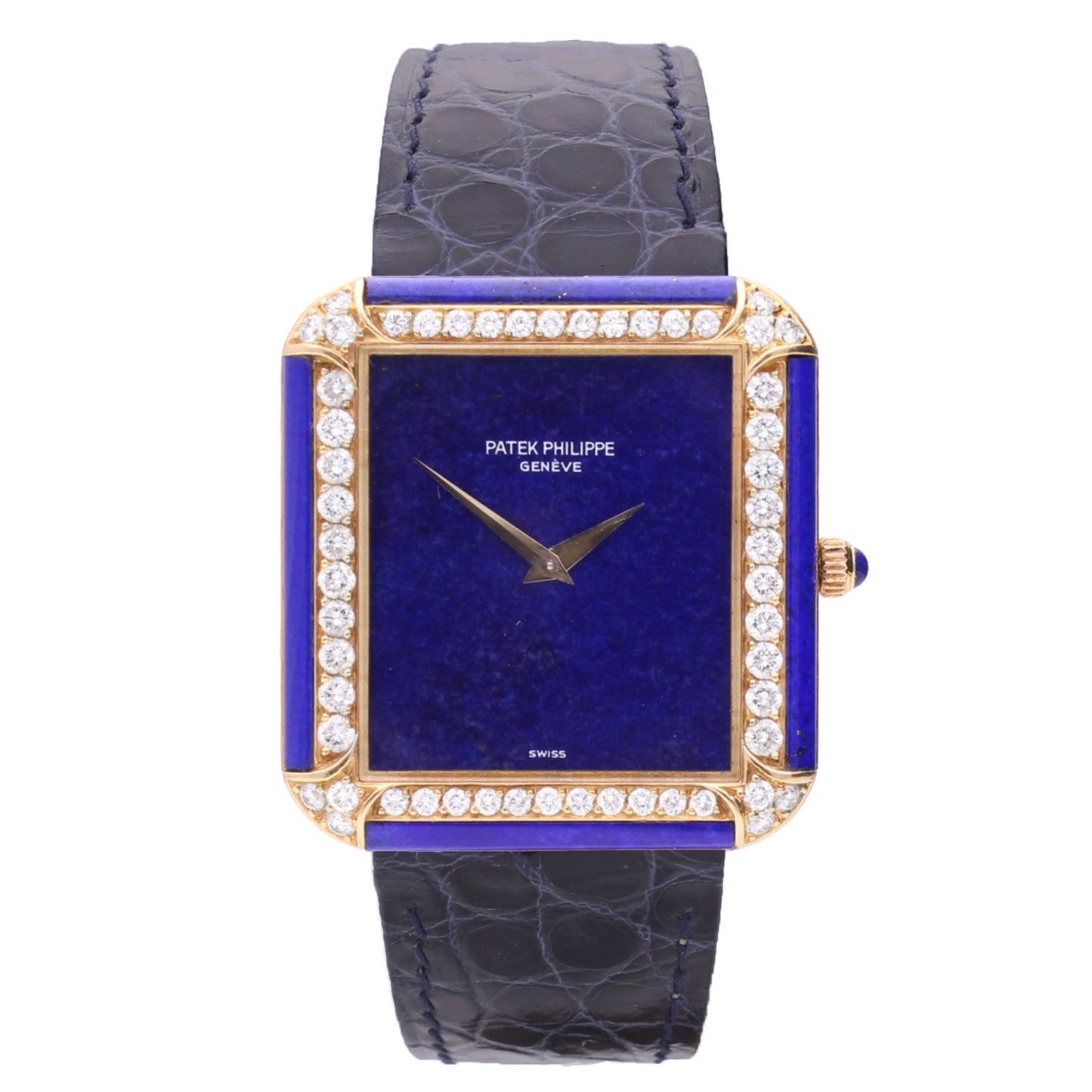 18ct yellow gold Patek Philippe Rectangular wristwatch with lapis lazuli dial & lapis lazuli/diamond bezel. Made 1978