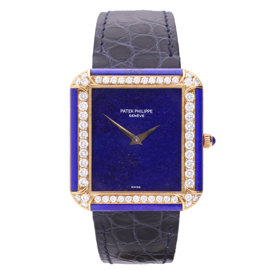18ct yellow gold Patek Philippe Rectangular wristwatch with lapis lazuli dial & lapis lazuli/diamond bezel. Made 1978
