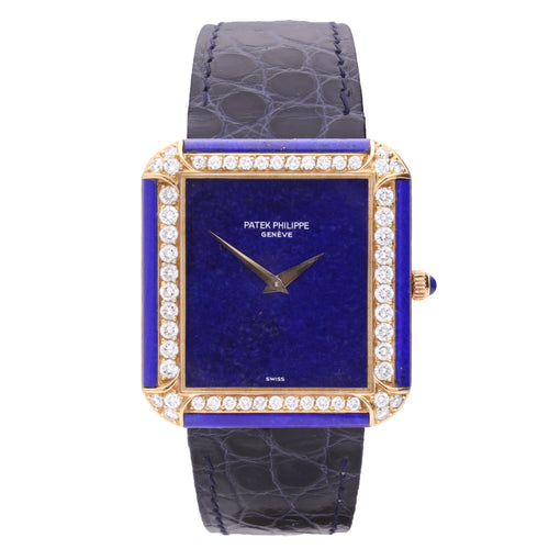 18ct yellow gold Patek Philippe Rectangular wristwatch with lapis lazuli dial & lapis lazuli/diamond bezel. Made 1978