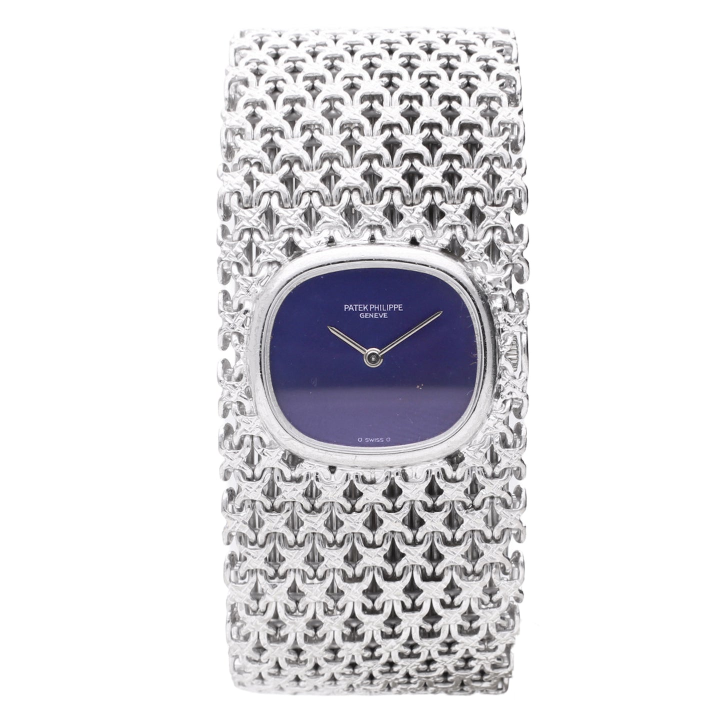 18ct white gold Patek Philippe bracelet watch with cobalt blue dial - bracelet produced by Jean-Pierre Ecoffey. Made 1974