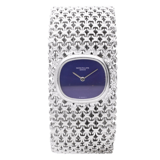 18ct white gold Patek Philippe bracelet watch with cobalt blue dial - bracelet produced by Jean-Pierre Ecoffey. Made 1974