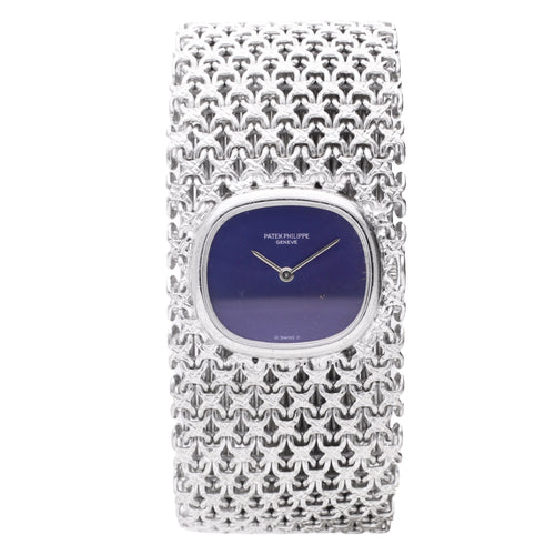 18ct white gold Patek Philippe bracelet watch with cobalt blue dial - bracelet produced by Jean-Pierre Ecoffey. Made 1974