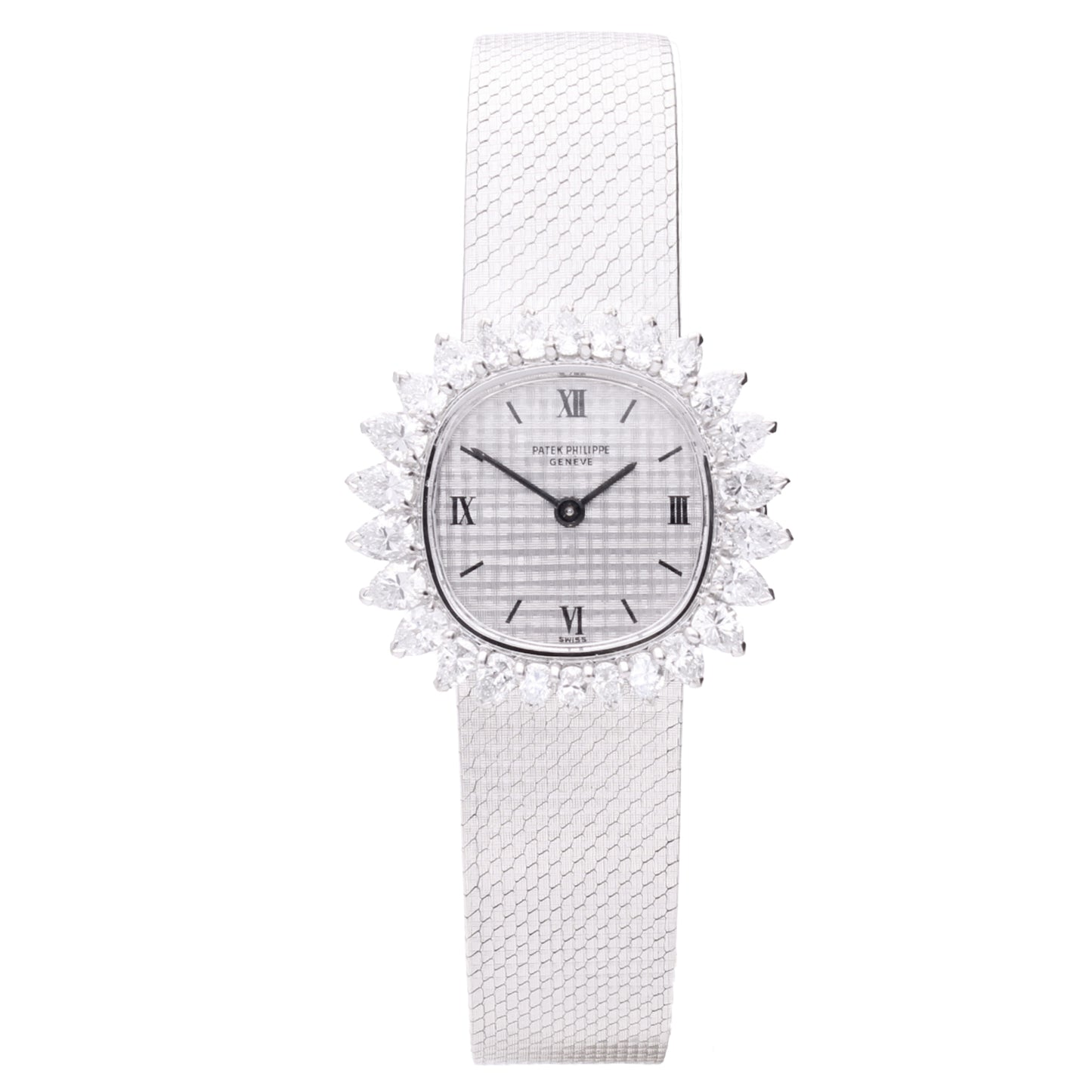 18ct white gold Patek Philippe bracelet watch with 'tapestry' dial and diamond set bezel. Made 1968