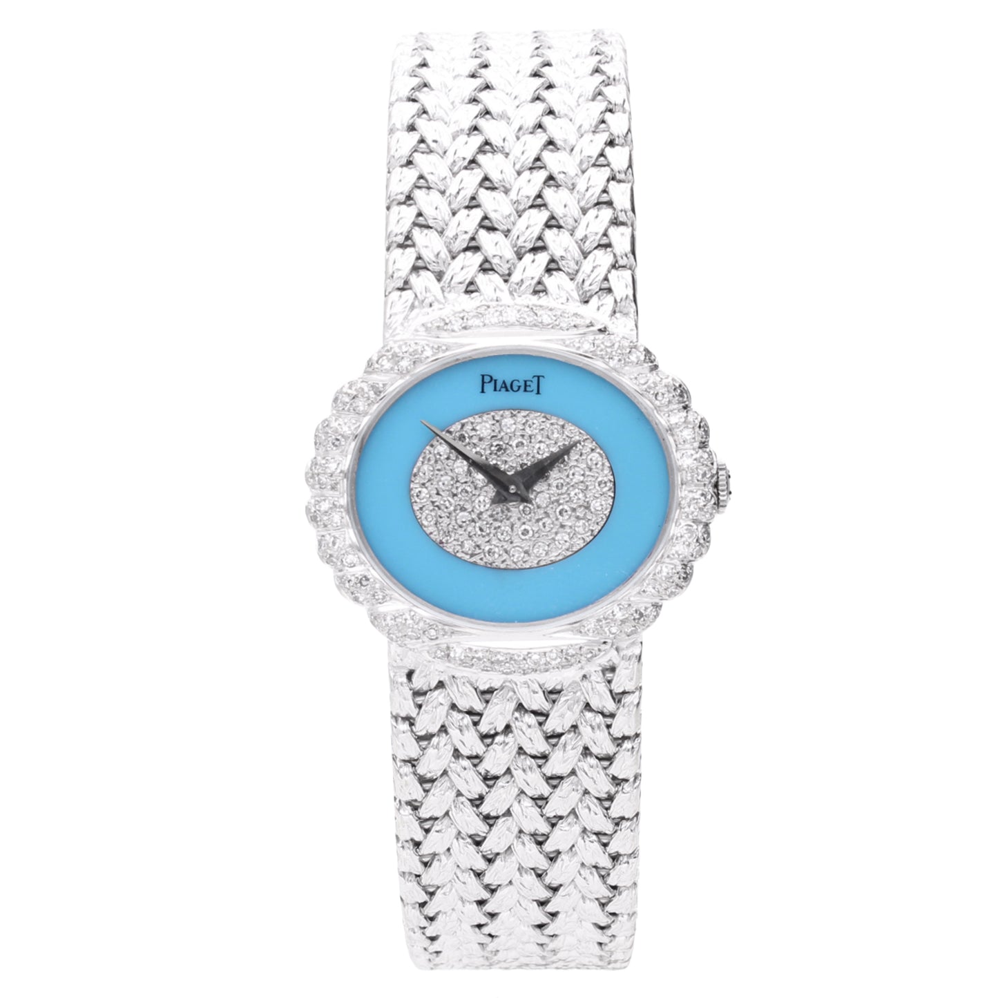 18ct white gold Piaget bracelet watch ref. 98175 with turquoise/pavé diamond set dial and diamond set bezel. Made 1970