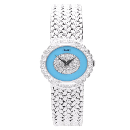18ct white gold Piaget bracelet watch ref. 98175 with turquoise/pavé diamond set dial and diamond set bezel. Made 1970