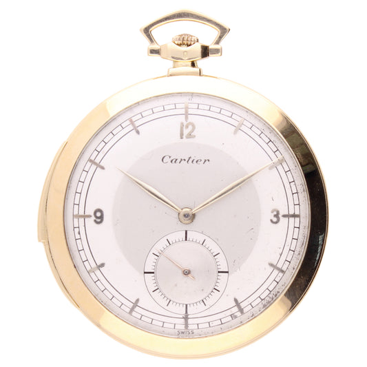 18ct yellow gold Cartier Open faced minute repeating pocketwatch with enamel dial.