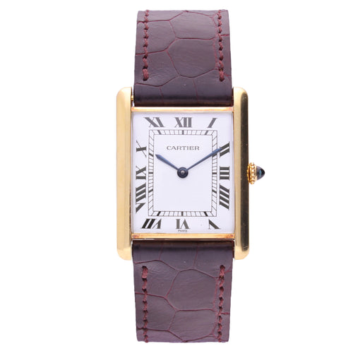 18ct yellow gold Cartier mid-size Tank LC Automatique wristwatch. Made 1970