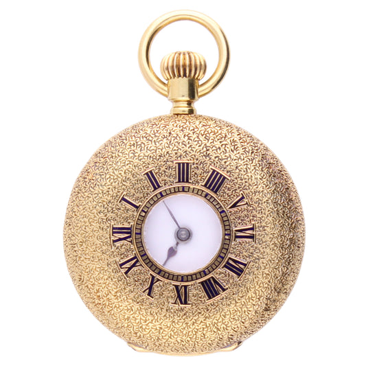 18ct yellow gold Patek Philippe Vermicelle half hunter pocketwatch with enamal dial. Made 1880