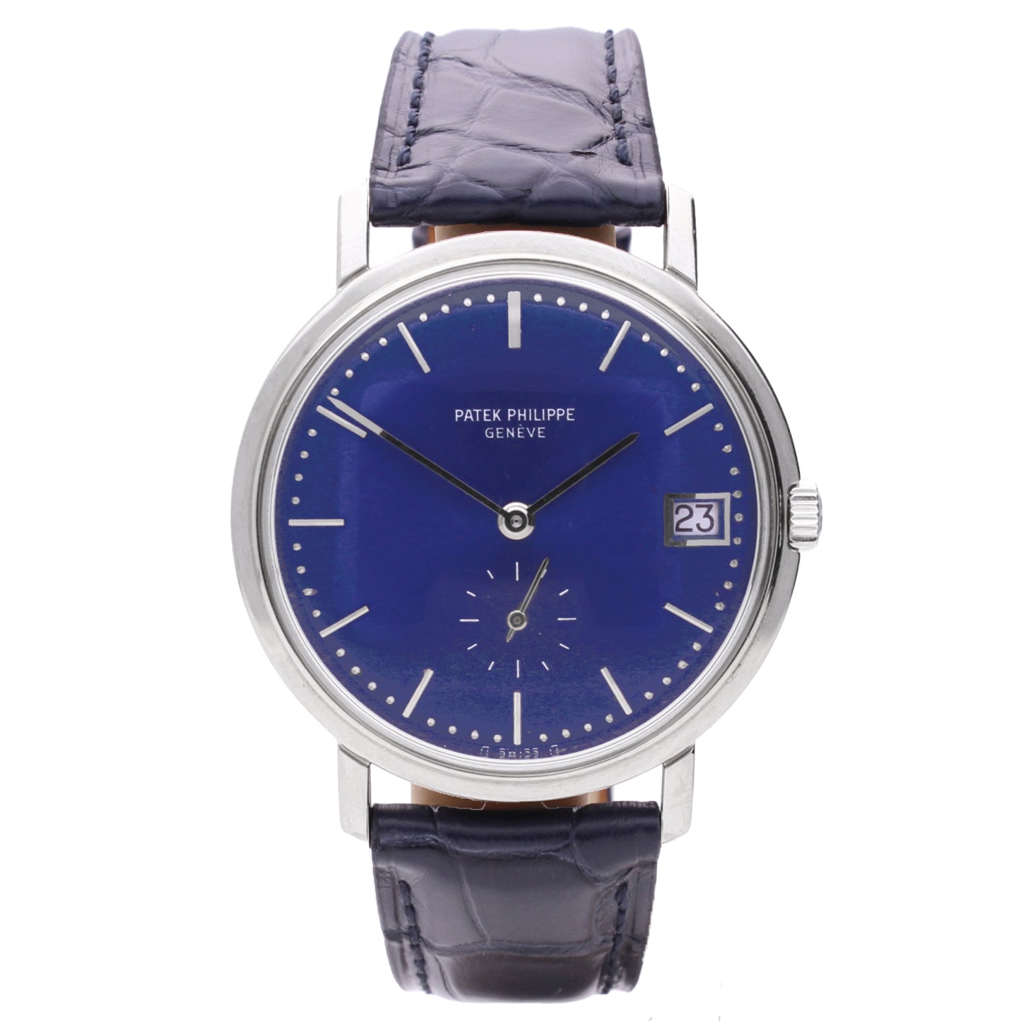 18ct white gold Patek Philippe ref. 3445 Calatrava automatic wristwatch with blue soleil dial. Made 1970