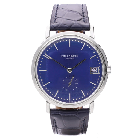 18ct white gold Patek Philippe ref. 3445 Calatrava automatic wristwatch with blue soleil dial. Made 1970